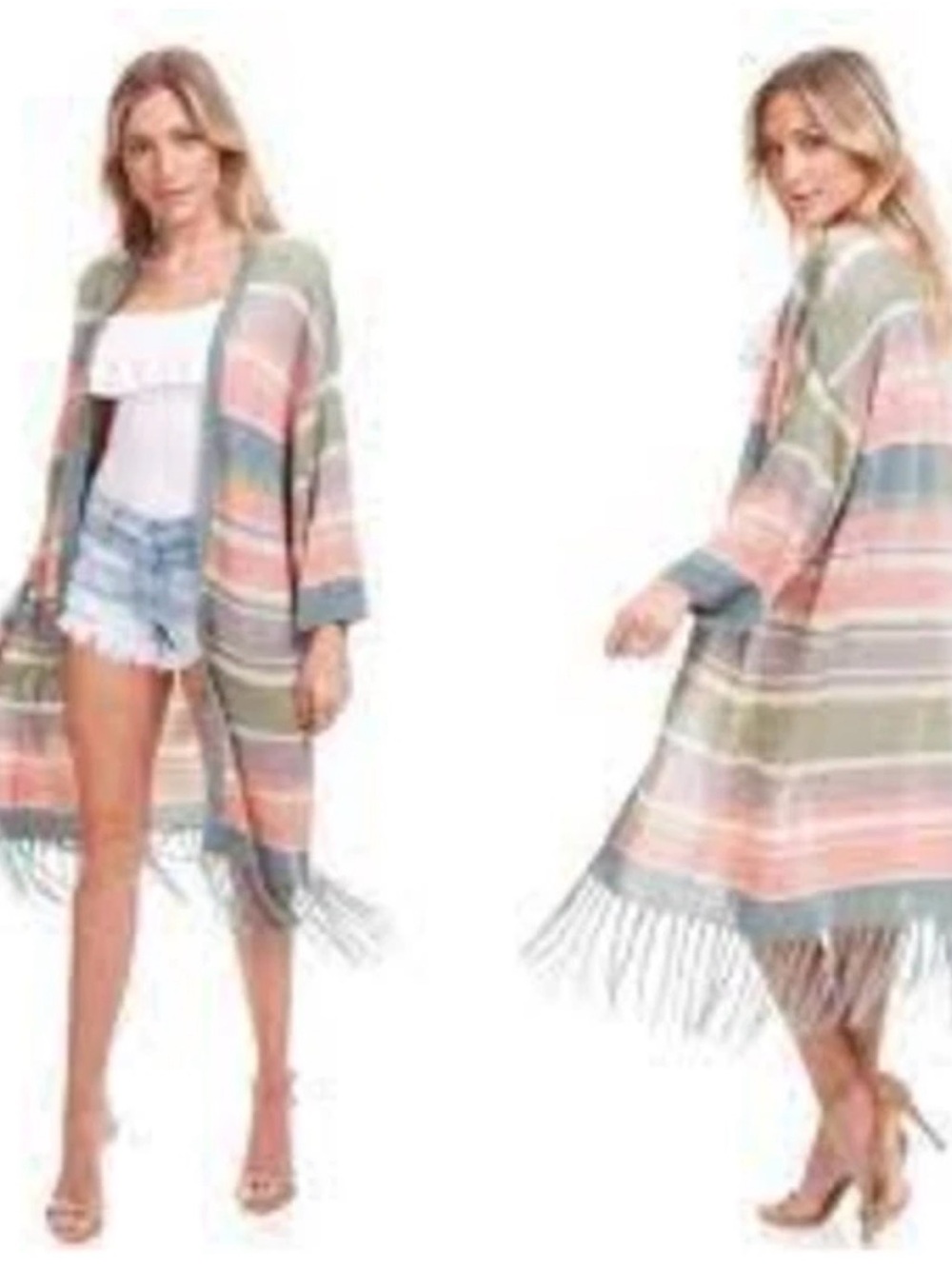 Show Me Your MuMu Pastel Striped Fringe Open-Front Cardigan